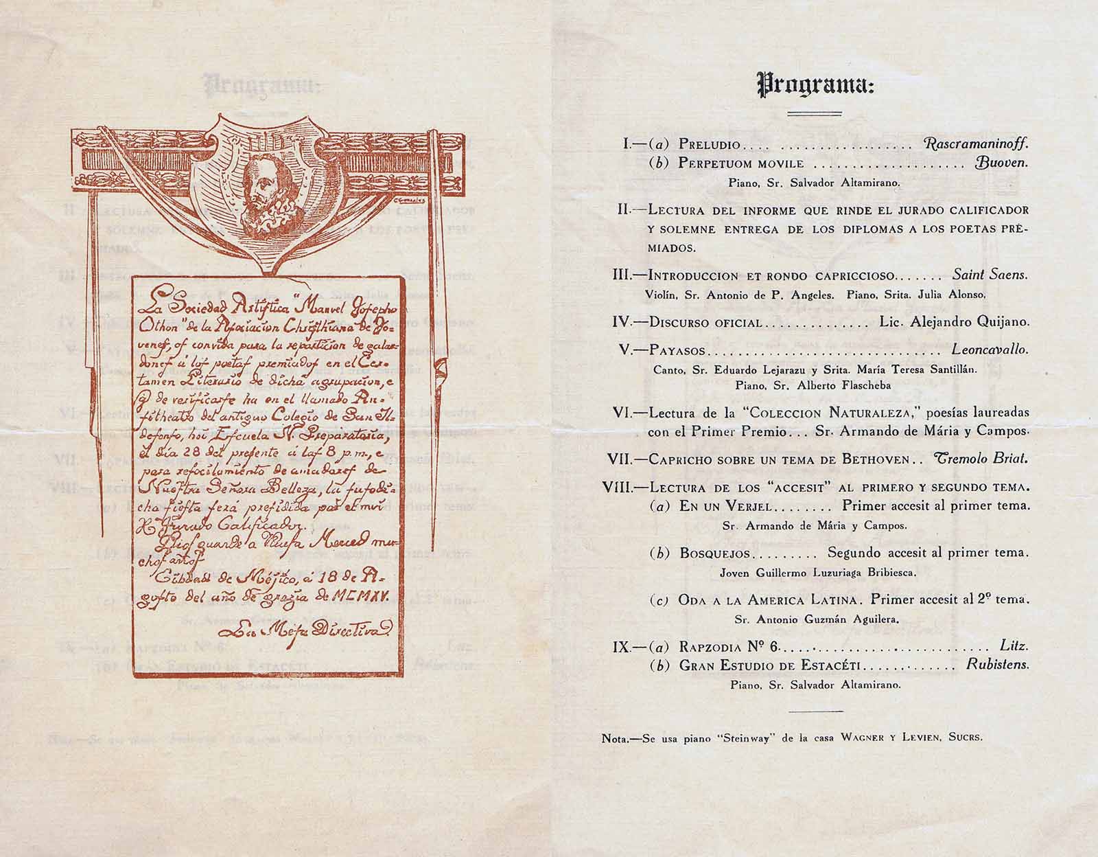 Invitación a la ceremonia de entrega de premios a los ganadores del certamen literario convocado por la Sociedad Científica José Manuel Othón, 18 de agosto de 1915. (PMC).