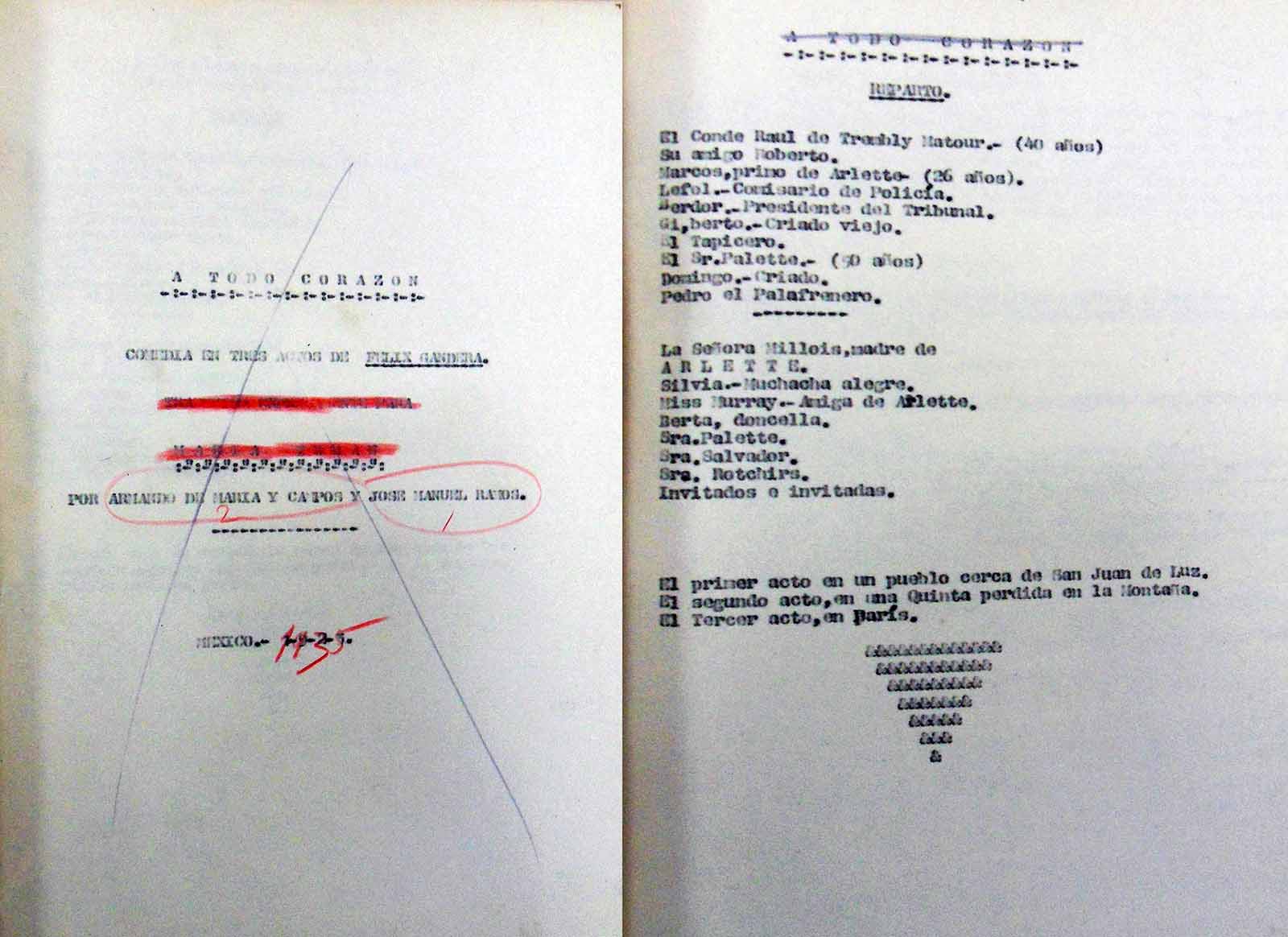 A todo corazón. Traducción de Atout…Coeur!, original de Félix Gandéra, en colaboración con José Manuel Ramos. Se estrenó el 6 de octubre de 1925 en el Teatro Colón con el título definitivo Corazón… ¡es triunfo! (Portada del libreto y cuadro de personajes). (FAMC).