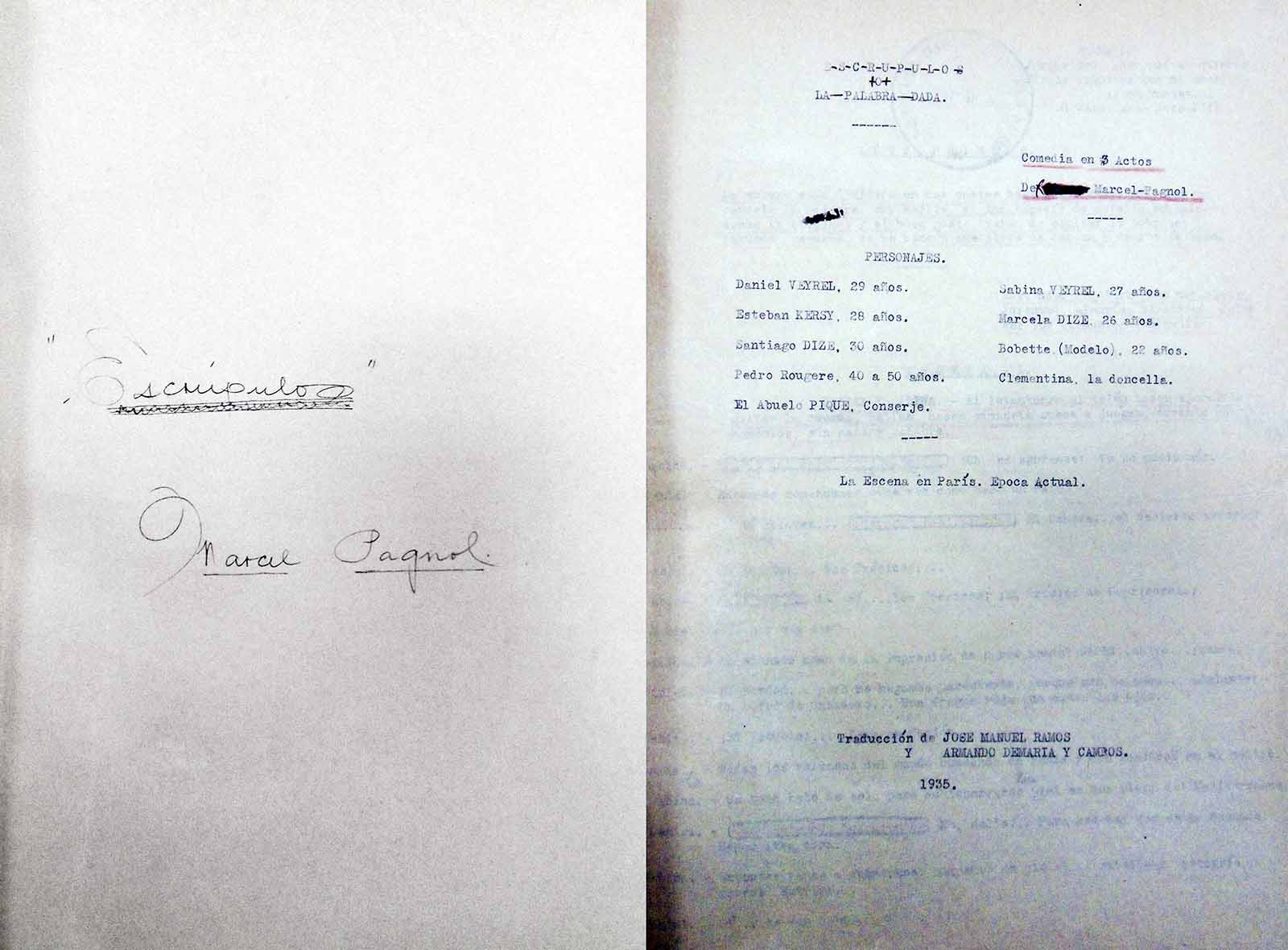 La palabra dada. Traducción de Escrúpulos, original de Marcel Pagnol en colaboración con José Manuel Ramos, 1935. (Portada del libreto y cuadro de personajes). (FAMC).