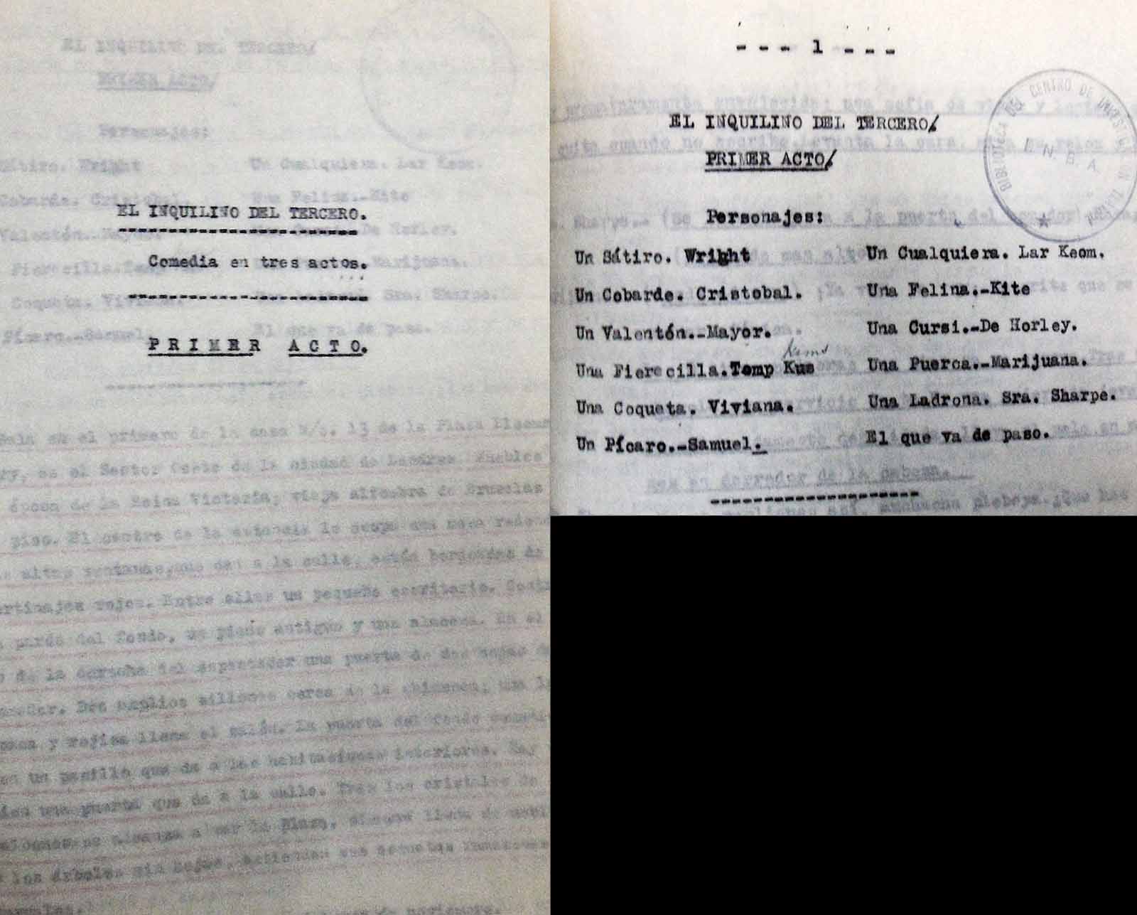 El inquilino del tercero. Traducción de The Passing of Third Floor Back,  original de Jerome K. Jerome, en colaboración con José Manuel Ramos. Se estrenó en el 5 de noviembre de 1948 por la Compañía de Ernesto Vilches. (Portada del libreto y cuadro de personajes). (FAMC).