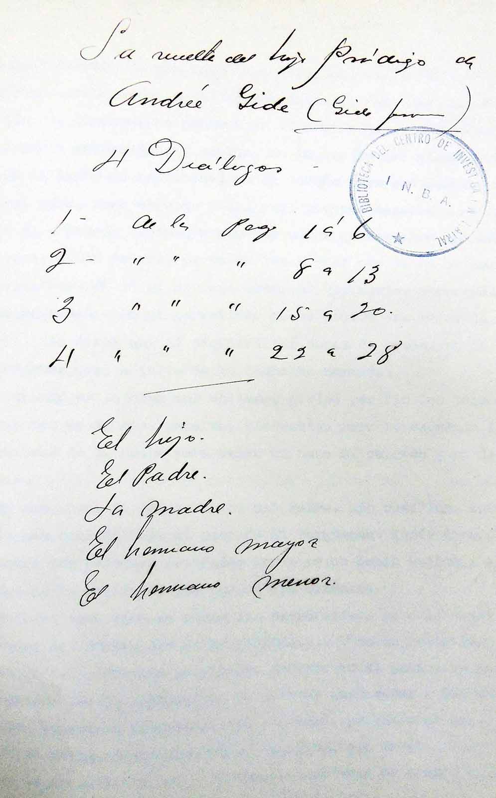 La vuelta del hijo pródigo. Traducción de la obra homónima de André Gide, s/f.  (Manuscrito con registro de diálogos y cuadro de personajes). (FAMC).