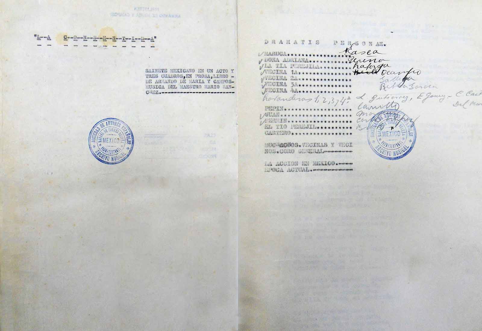 La consentida. Fechada como fin de escritura el 19 de octubre de 1922. (Portada del libreto y cuadro de personajes). (FAMC).