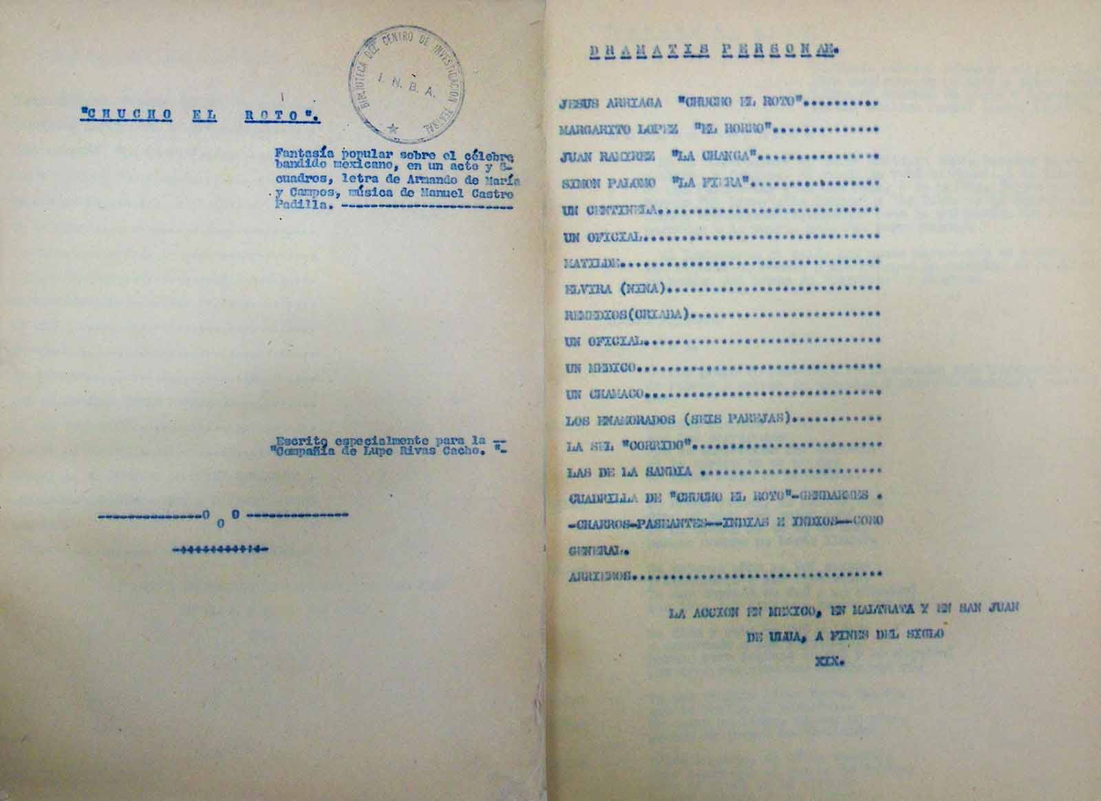 Chucho el Roto. Fechada como fin de escritura el 16 de octubre de 1921. (Portada y cuadro de personajes). (FAMC).