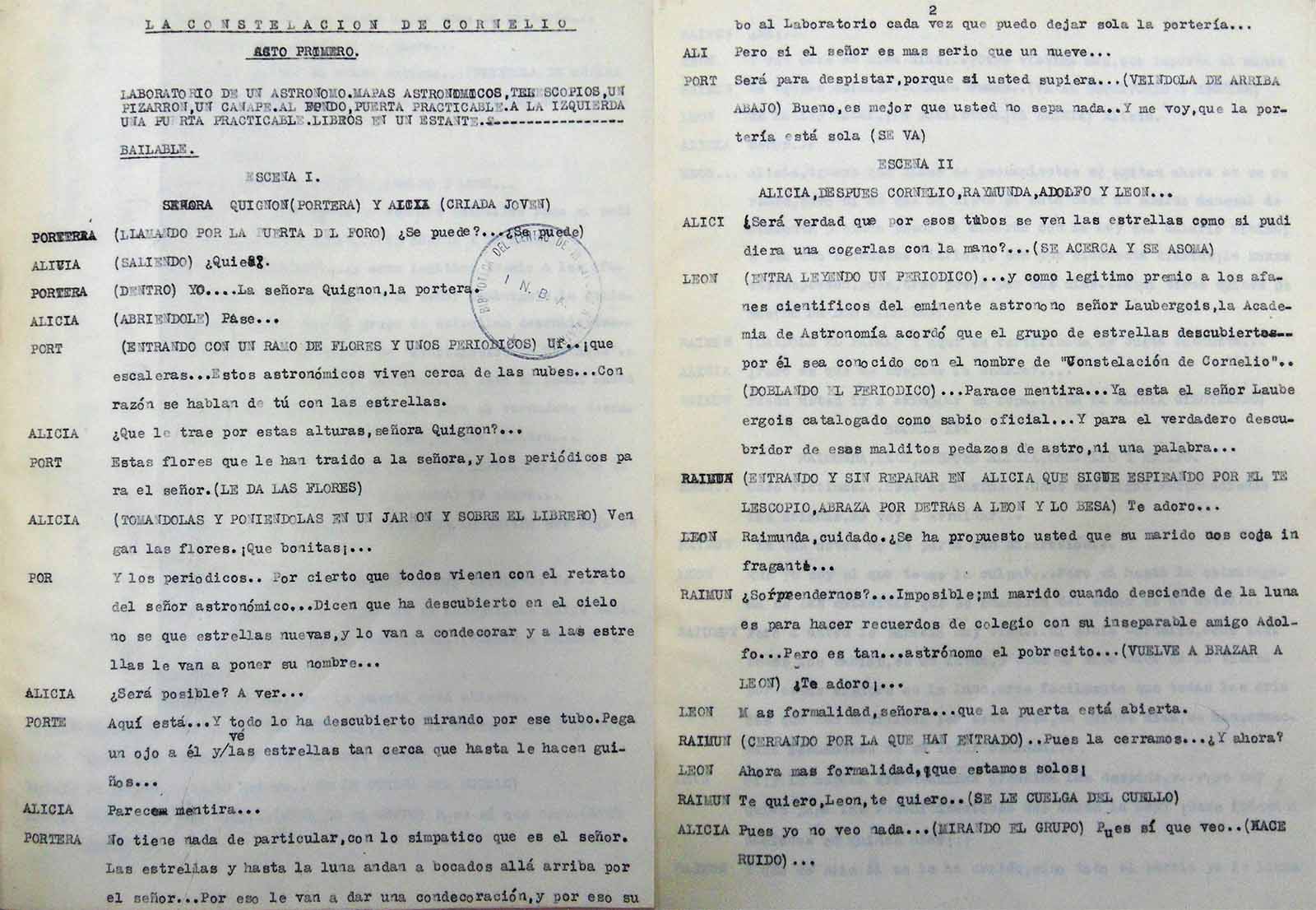 La constelación de Cornelio, s/f. Acto primero, escena I y escena II. (Fragmento). (FAMC).