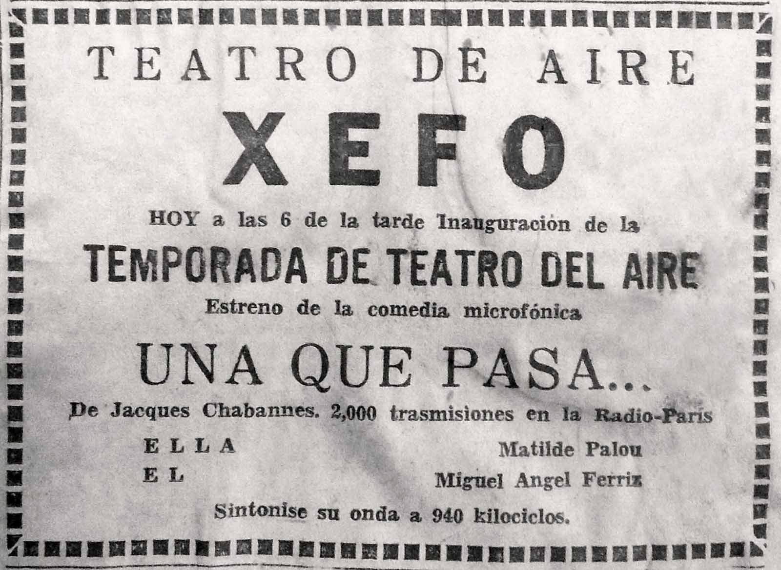 Anuncio del estreno de la temporada de Teatro del aire con Una que pasa, 26 de mayo de 1936. (FAMC).