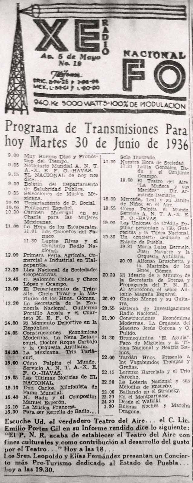 Programa de transmisiones de la XEFO para el martes 30 de junio de 1936. (FAMC).