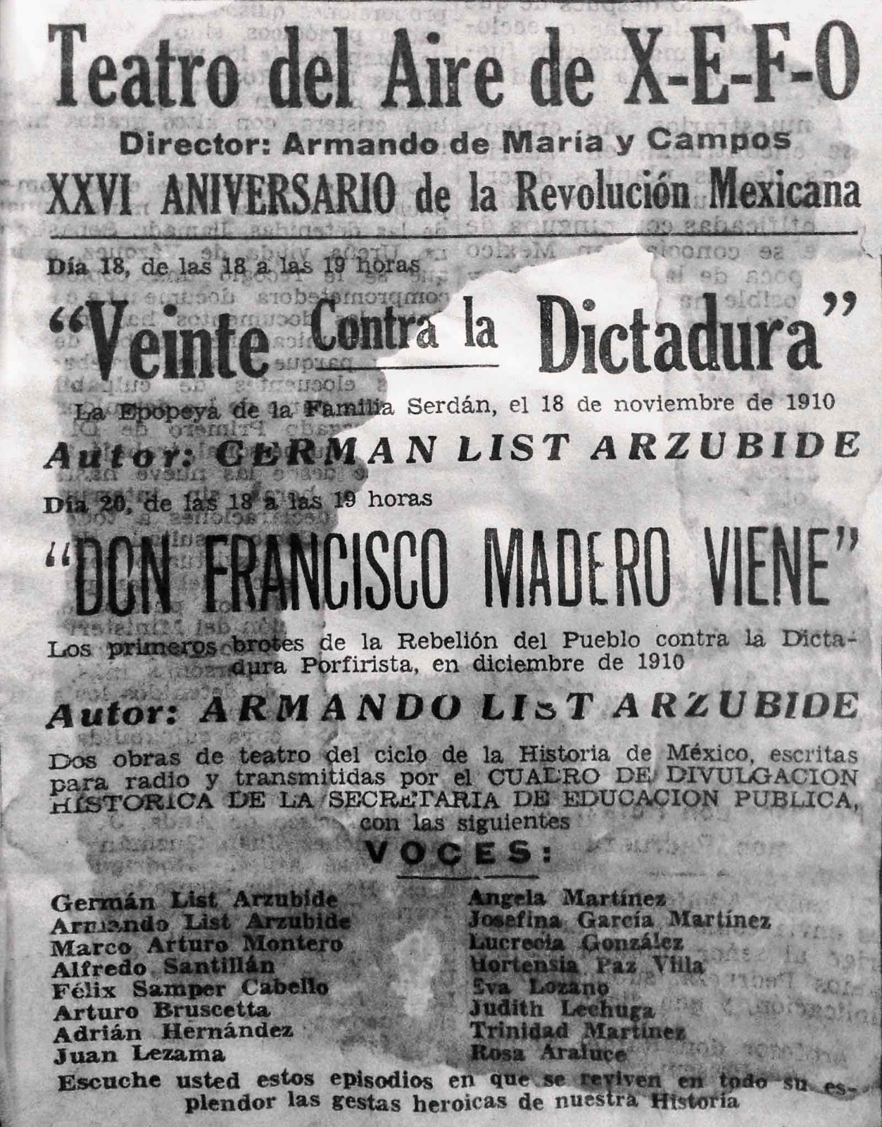 Anuncio de las obras de Armando List Arzubide incluida en la temporada de Teatro del aire con motivo del XXVI aniversario de la Revolución mexicana, noviembre de 1936. (FAMC).