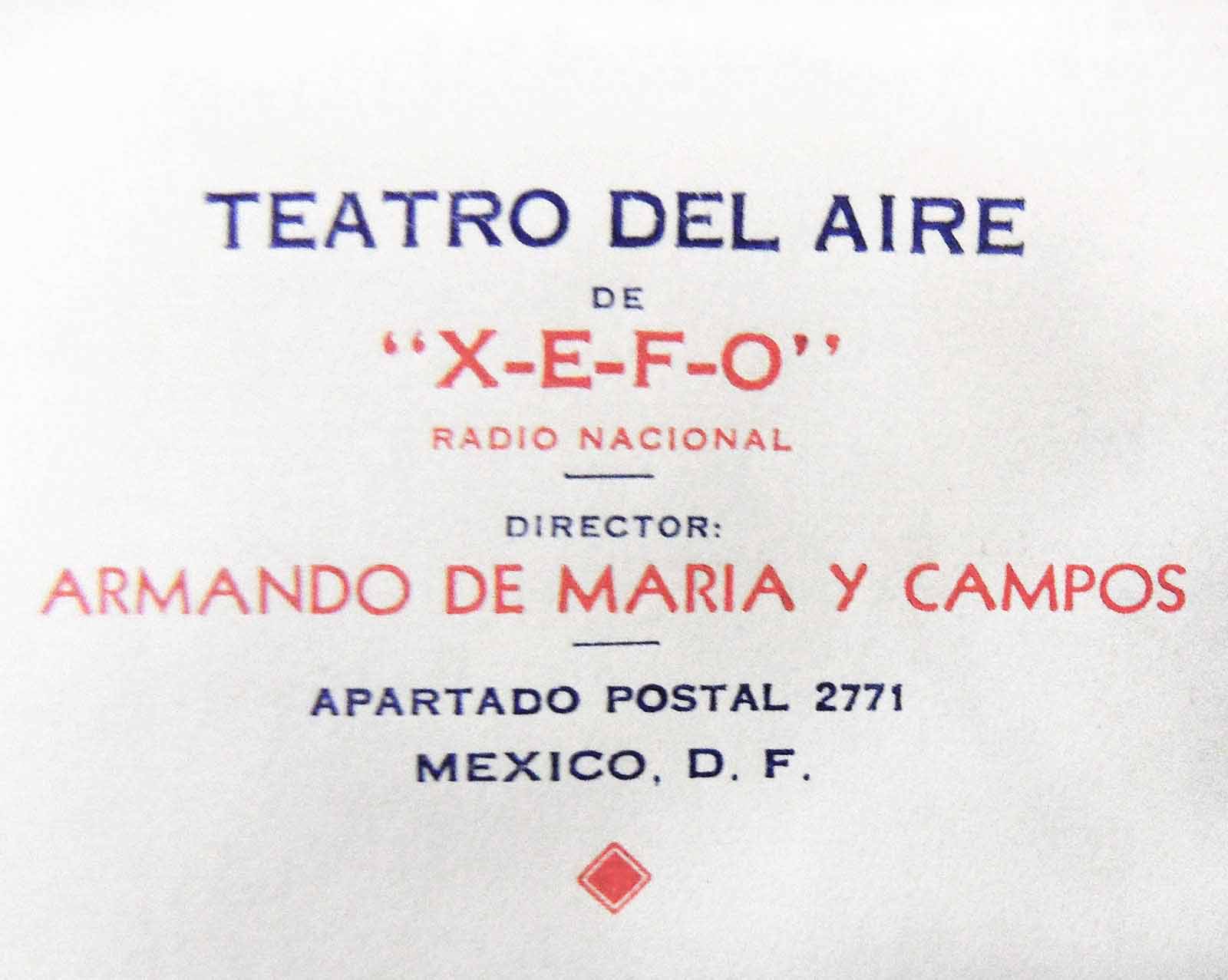 Tarjeta de presentación de Armando de Maria y Campos como director de la  XEFO, 1936. (FAMC).