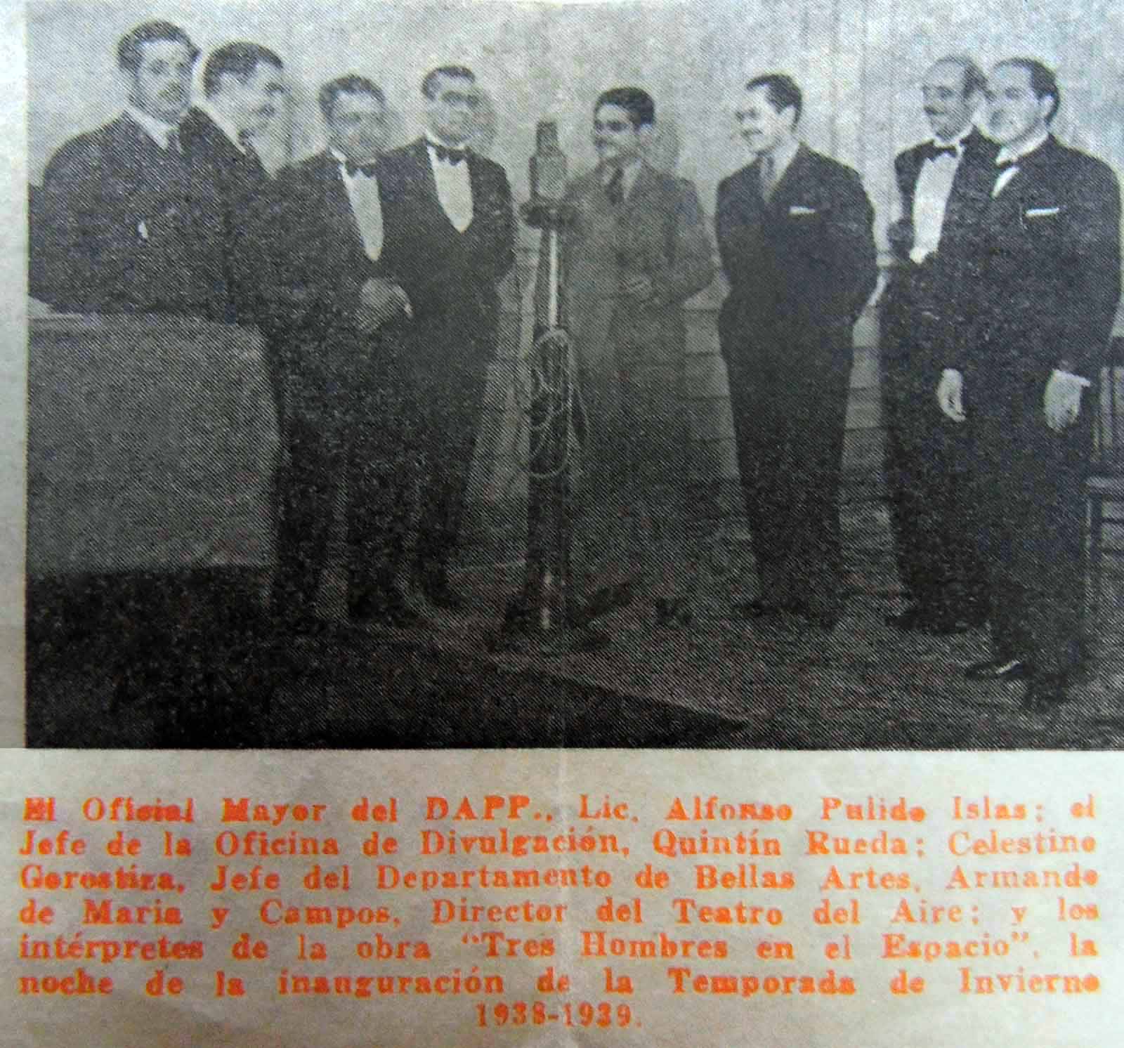 Inauguración de la Temporada de invierno del Teatro del aire con Tres hombres al espacio de Carlo Manzini, 28 de octubre de 1938. (Programa de mano Temporada Teatro de invierno). (BA).