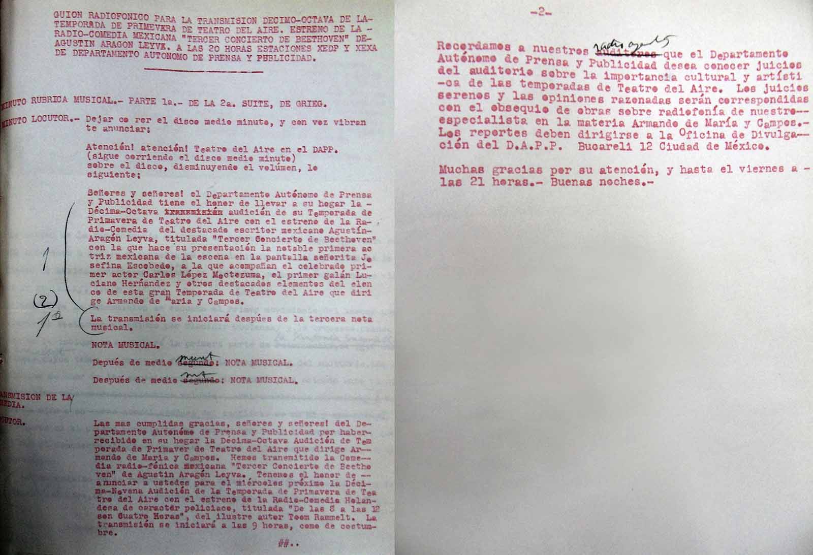 Guion de la obra de teatro microfonada De las ocho a las doce son cuatro horas de Toom Rammelt transmitida el 17 de mayo de 1939. (FAMC).