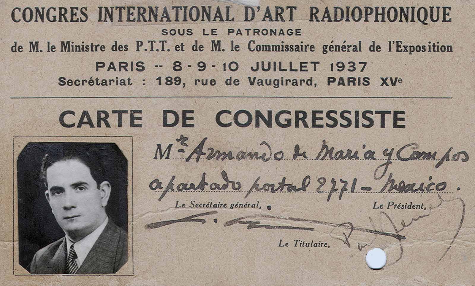Acreditación de Armando de Maria y Campos como asistente al Congreso Internacional de Arte Radiofónico celebrado en París, 1937. (PMC).