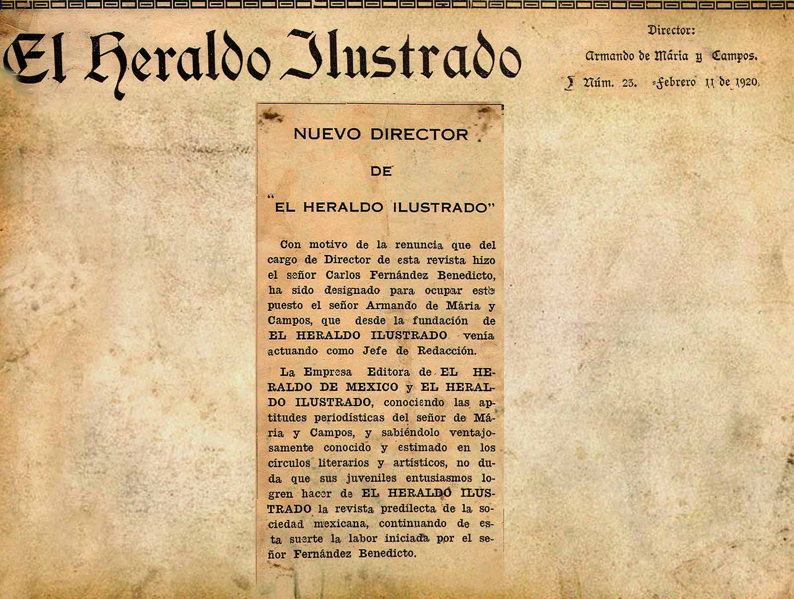 Anuncio de Armando de Maria y Campos como nuevo director de El Heraldo Ilustrado. El Heraldo Ilustrado, 11 de febrero de 1920. (PMC).