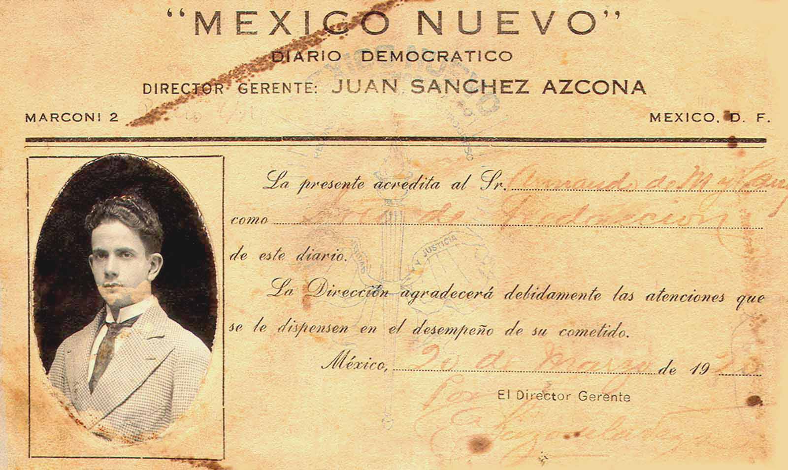 Acreditación como Secretario de redacción de México Nuevo, 1920. (PMC).