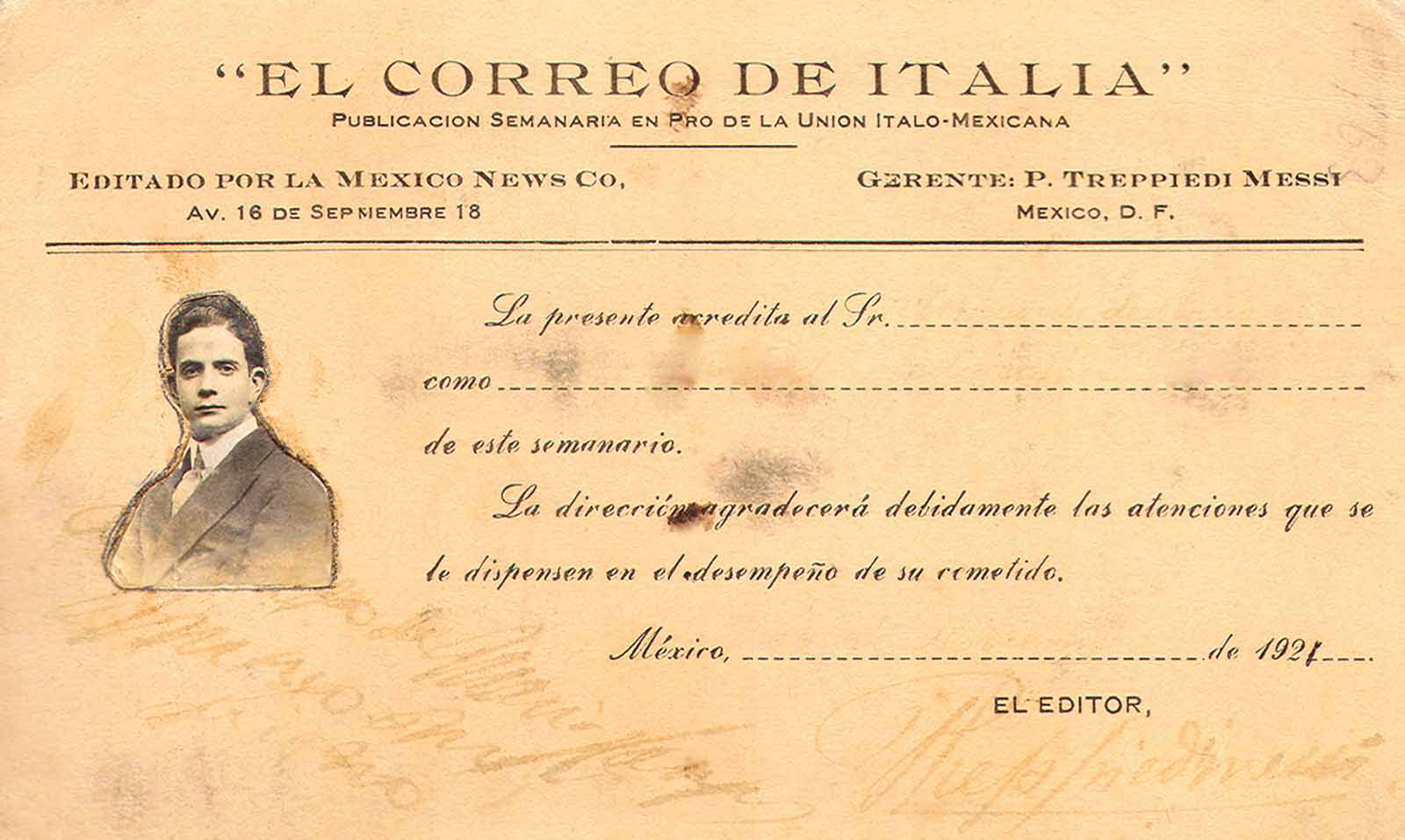 Acreditación como colaborador del semanario El correo de Italia, 1921. (PMC).