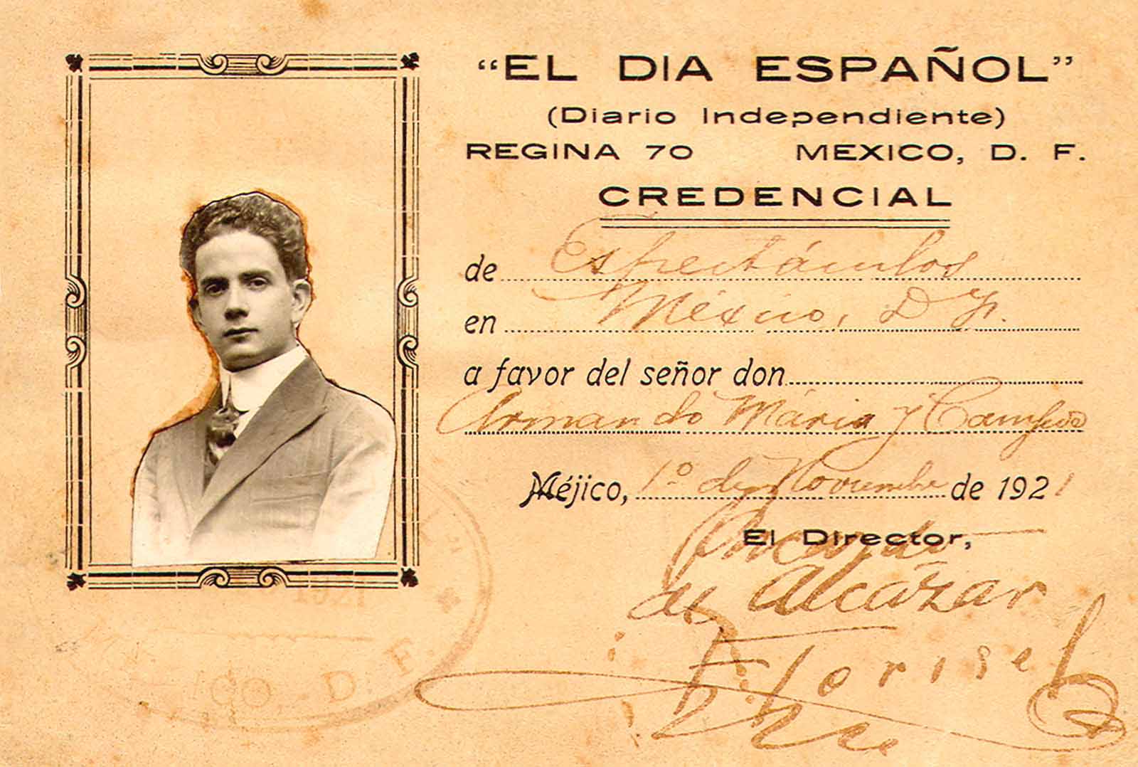 Acreditación como reportero de espectáculos para El día español, 1921. (PMC).