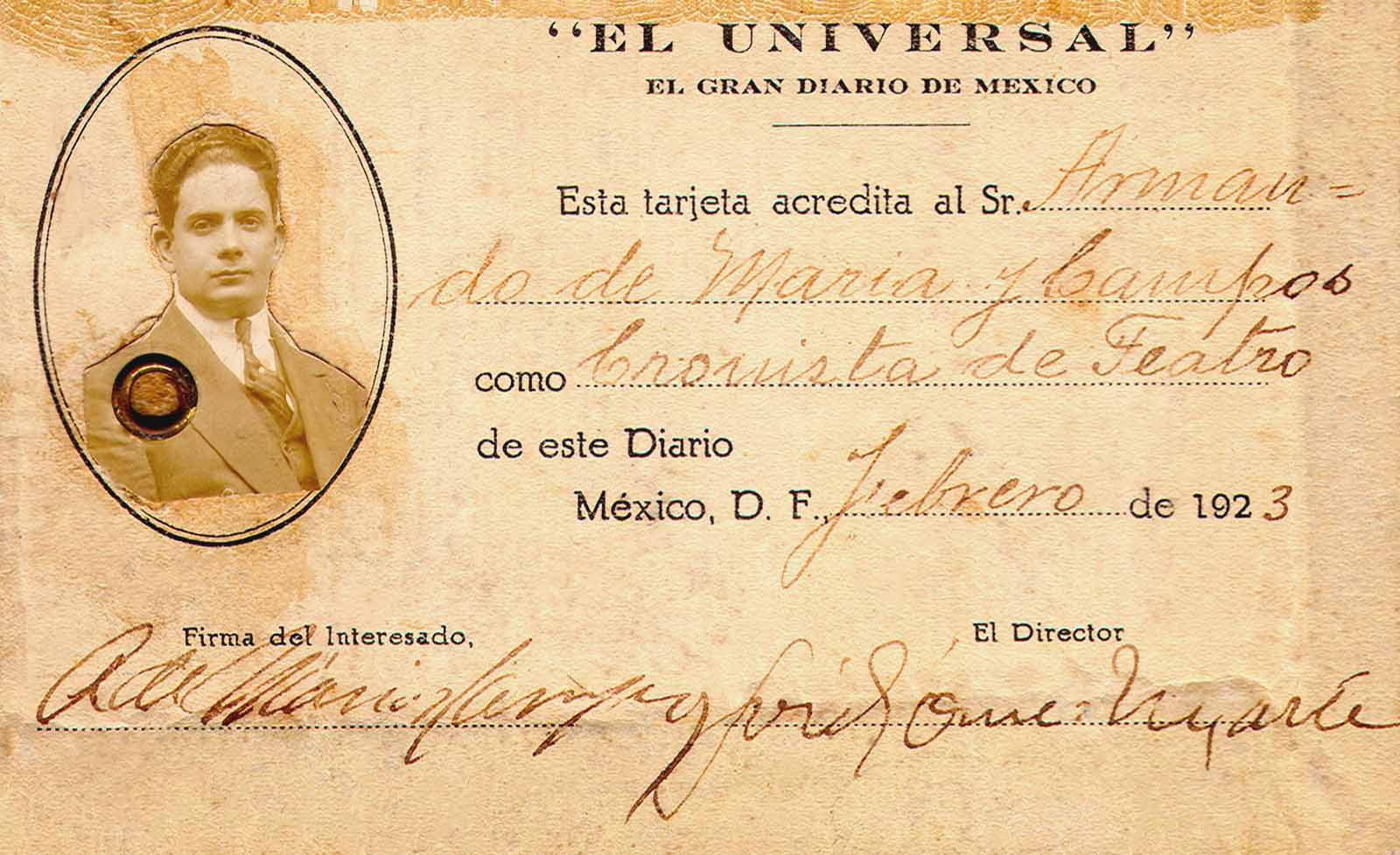 Acreditación como cronista de teatro para El Universal, 1923. (PMC).