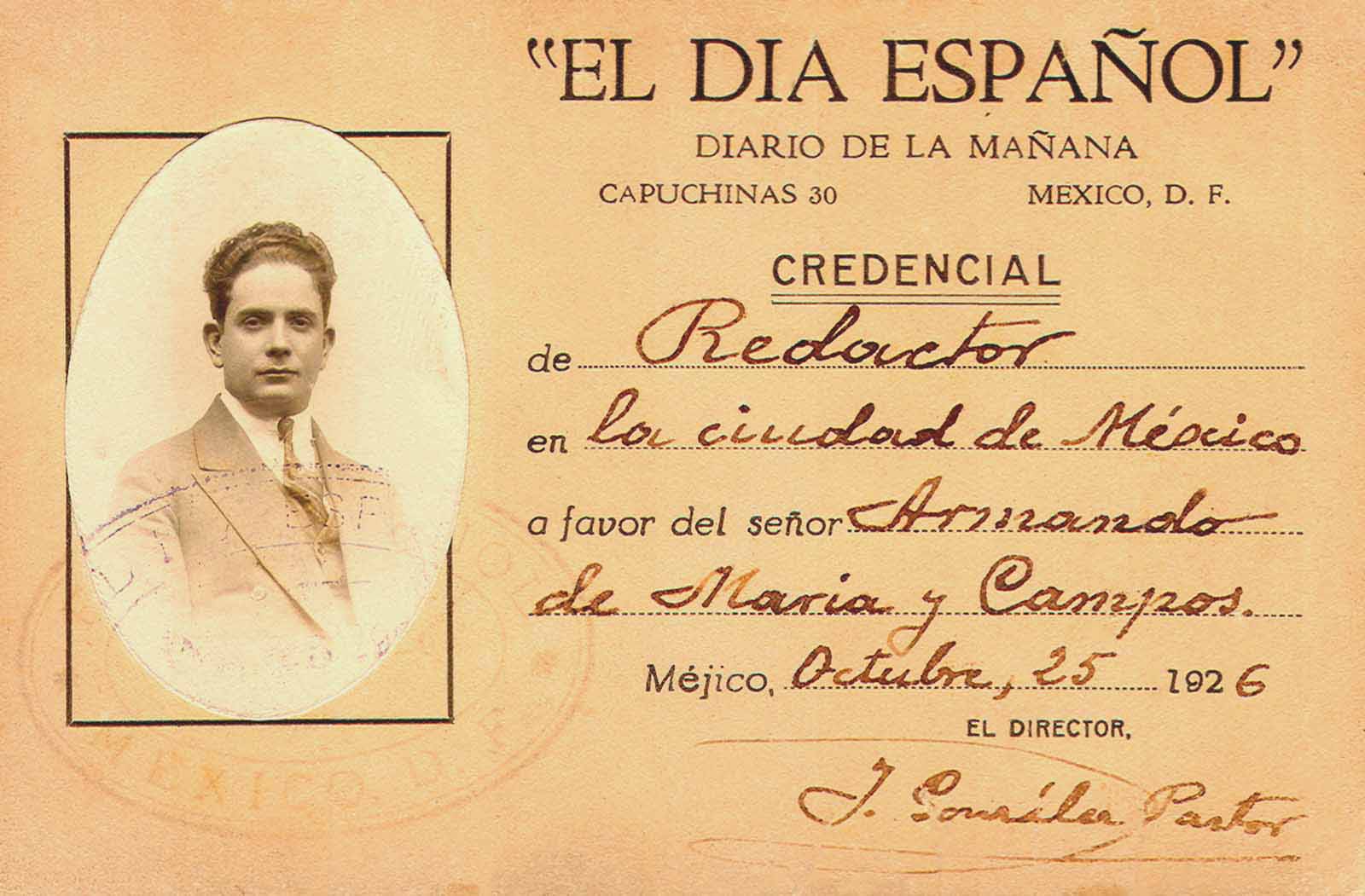 Acreditación como redactor de El día español, 1926. (PMC).