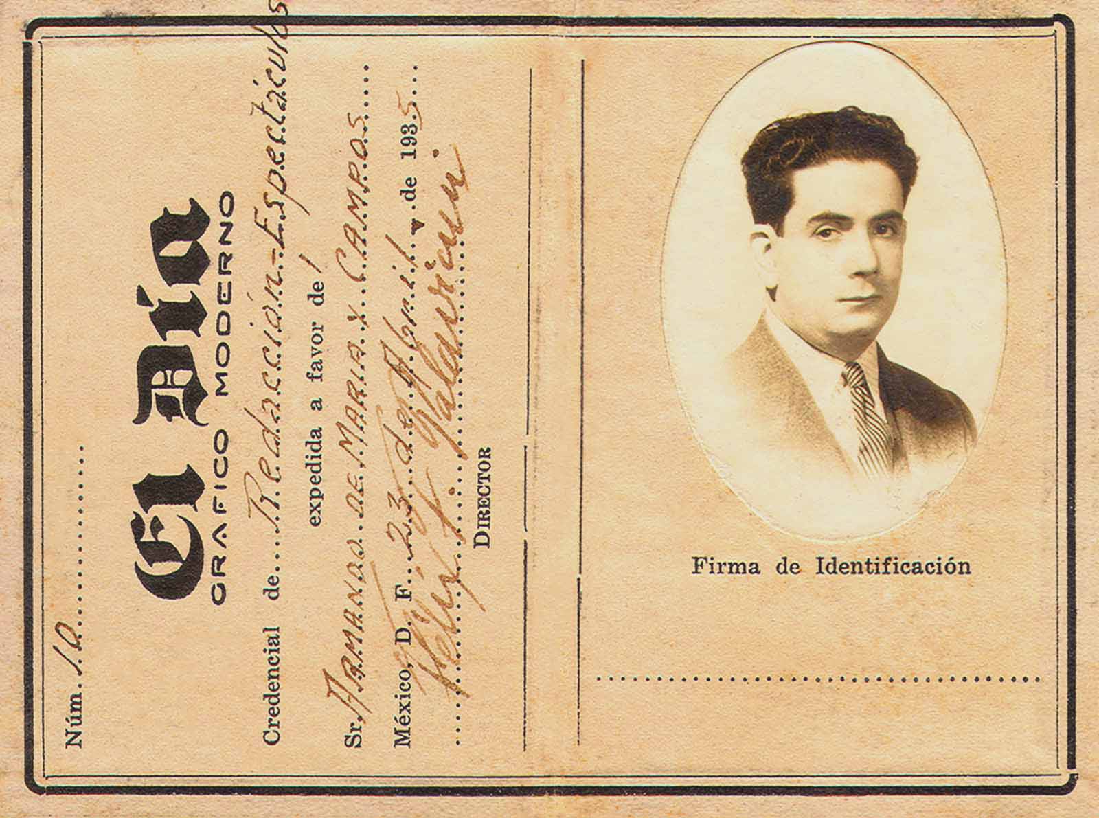 Acreditación como redactor de espectáculos de El Día, 1935. (PMC).