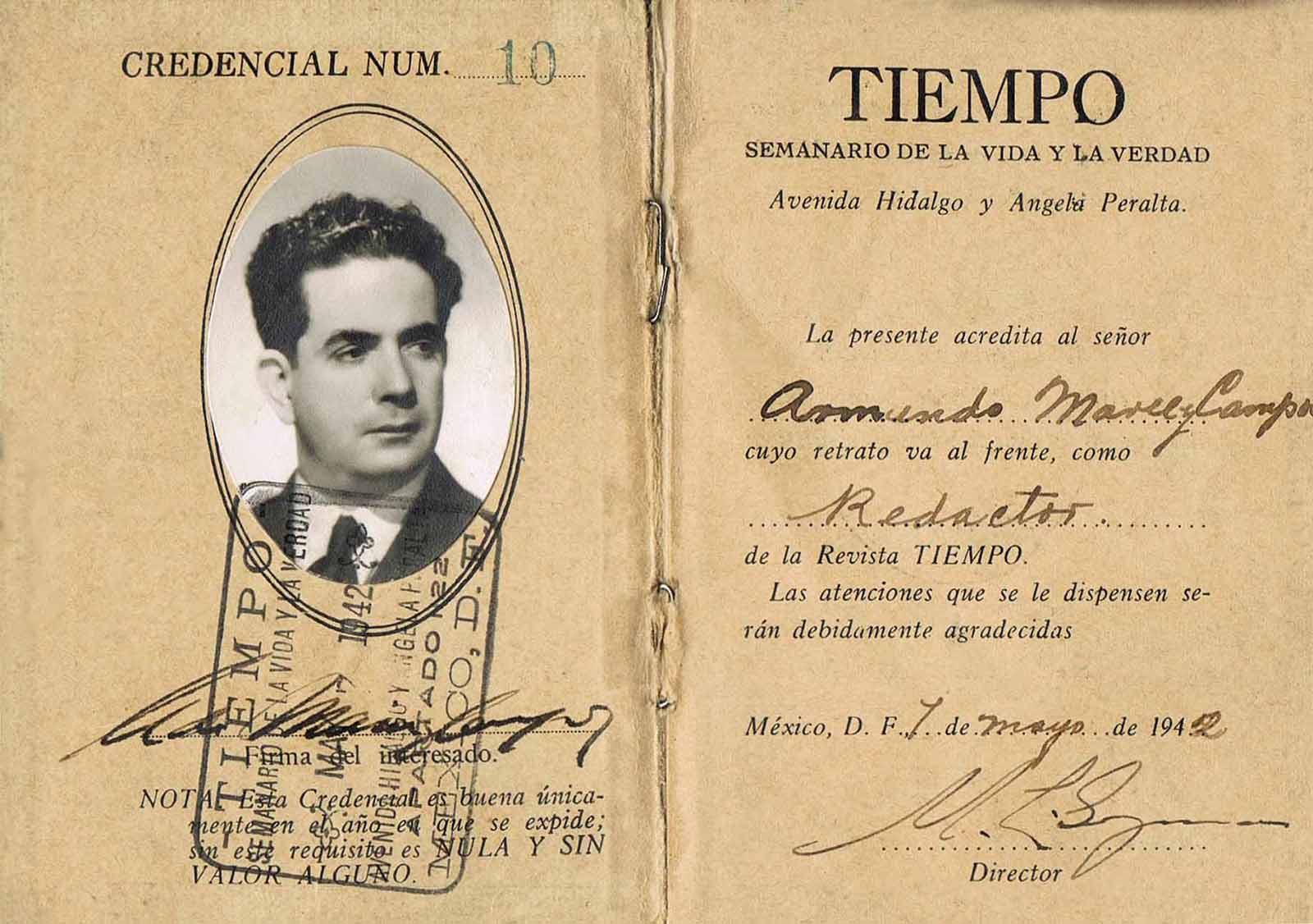Acreditación como redactor del semanario Tiempo, 1942. (PMC).