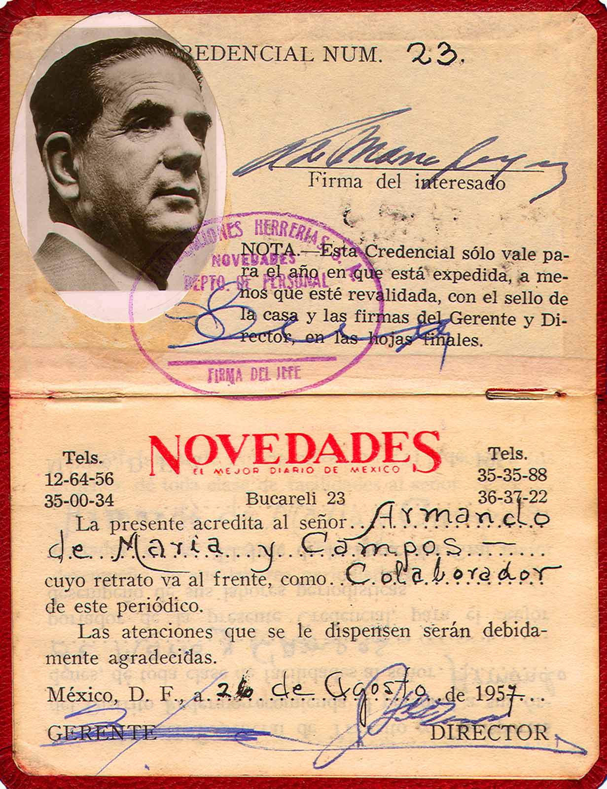 Acreditación como colaborador de Novedades, 1957. (PMC).
