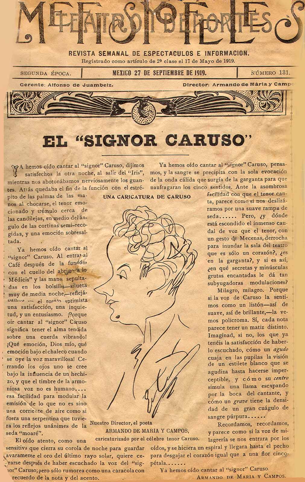Maria y Campos, Armando de. “El ‘signor Caruso’”. Mefistófeles, 27 de septiembre de 1919. (PMC).