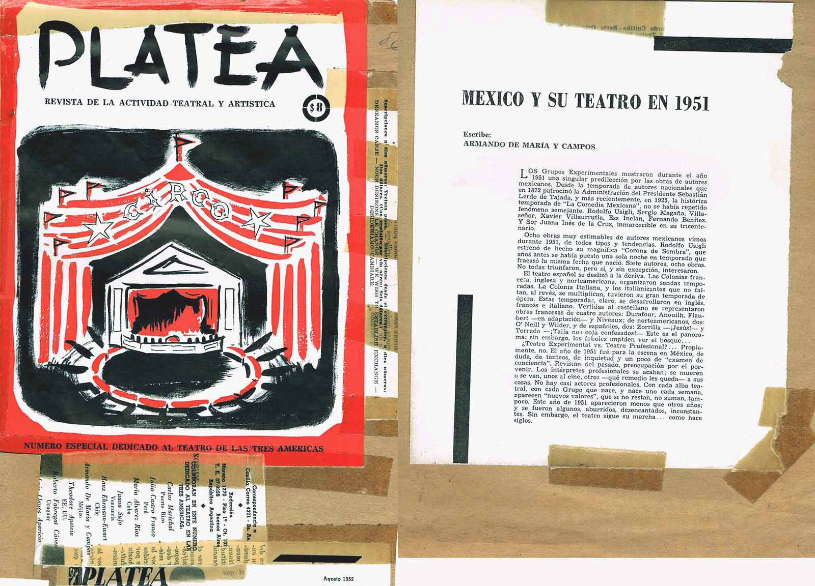 Maria y Campos, Armando de. “México y su teatro en 1951”. Platea. Revista de la actividad teatral y artística. Buenos Aires, agosto de 1952. (Portada y artículo). (PMC).
