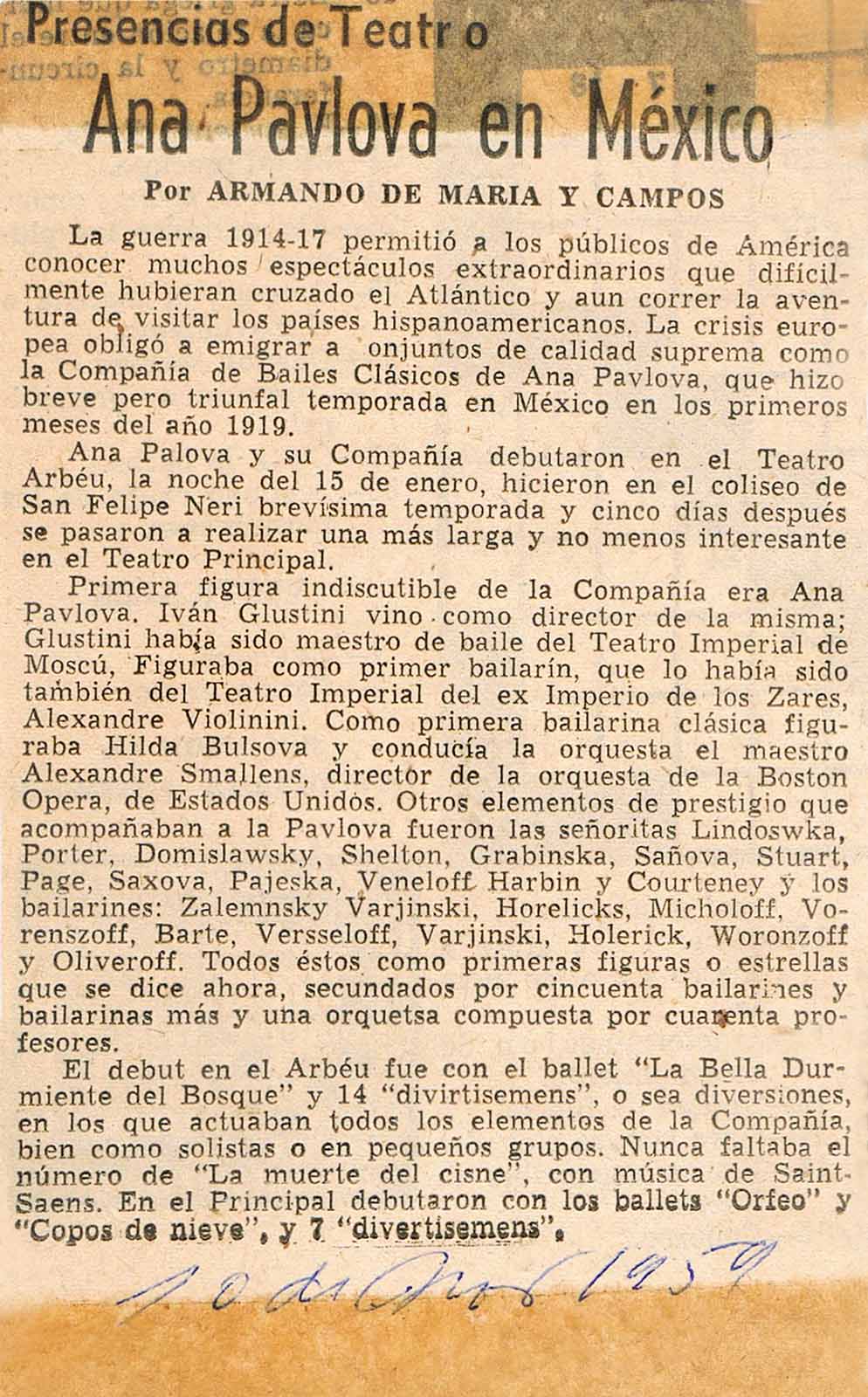 Maria y Campos, Armando de. “Ana Pavlova en México”. Todo, (Presencias de teatro), 10 de noviembre de 1959.  (PMC).
