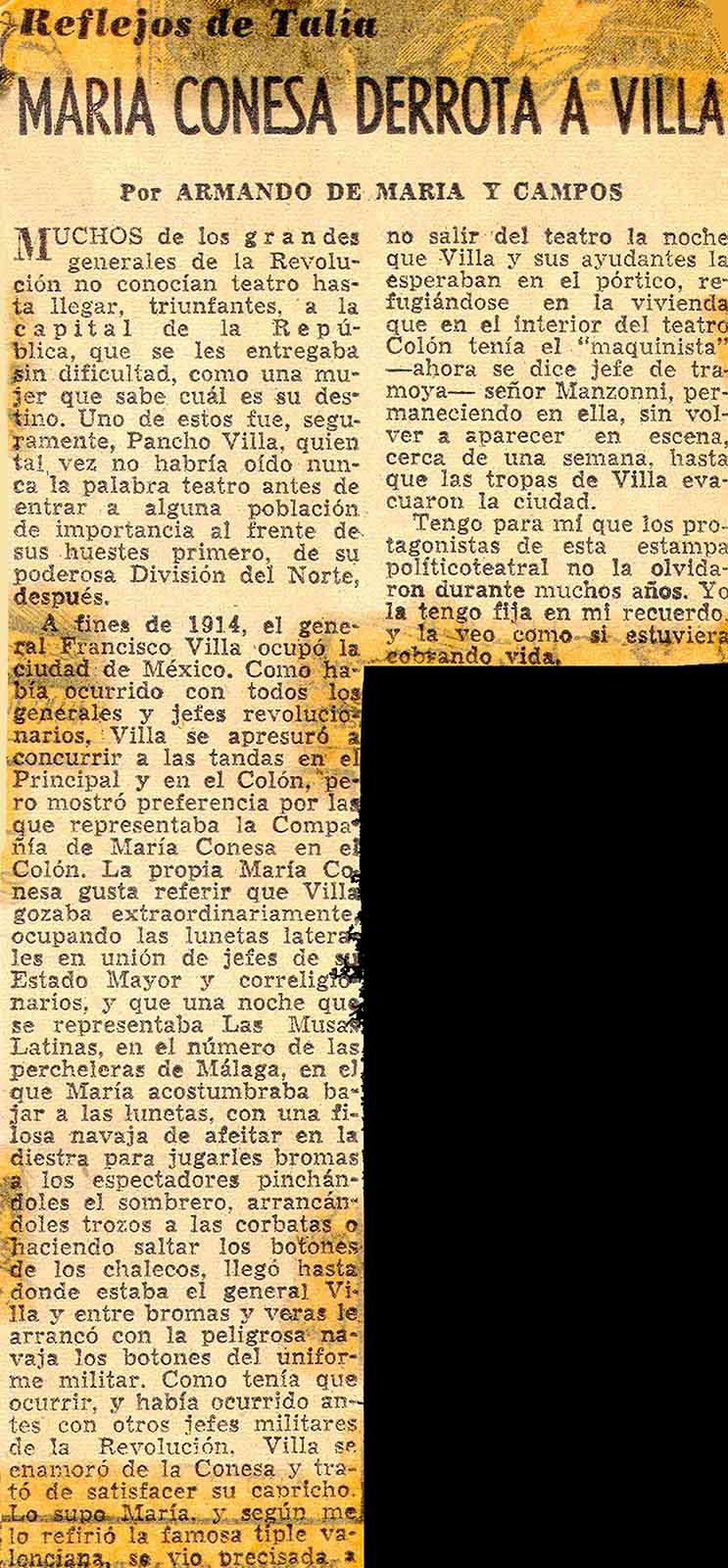 Maria y Campos, Armando de. “María Conesa derrota a Villa”. Novedades. Diario de la Tarde, (Reflejos de Talía), ca. 1934. (PMC).