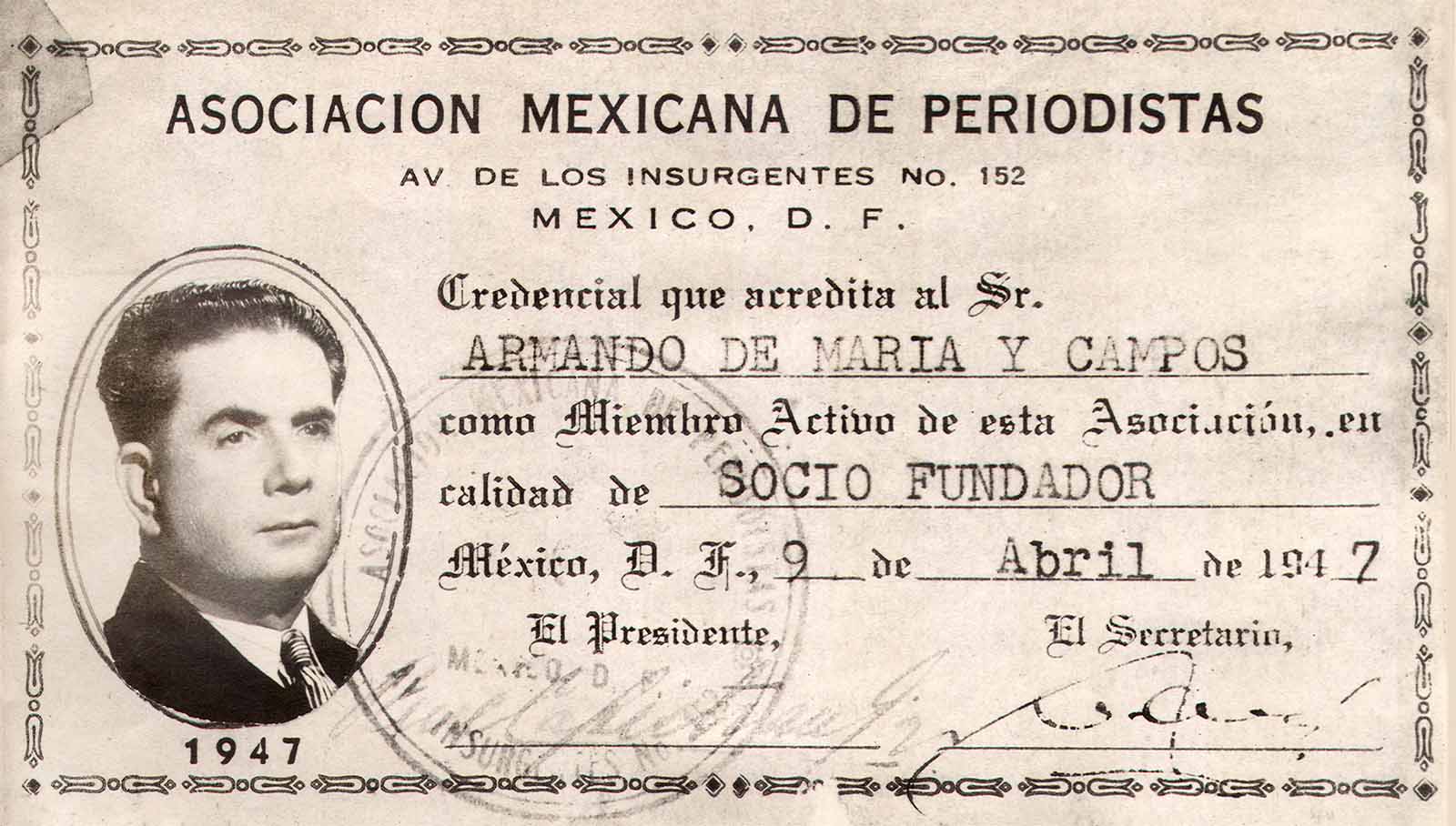 Credencial de Armando de Maria y Campos como socio fundador de la Asociación Mexicana de Periodistas, abril de 1947. (PMC).