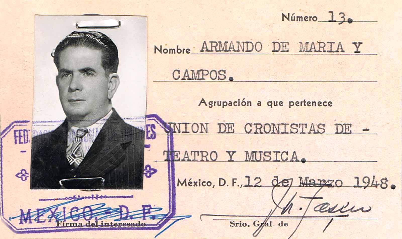 Credencial de Armando de Maria y Campos como miembro de la Unión de Cronistas de Teatro y Música, marzo de 1948. (PMC).