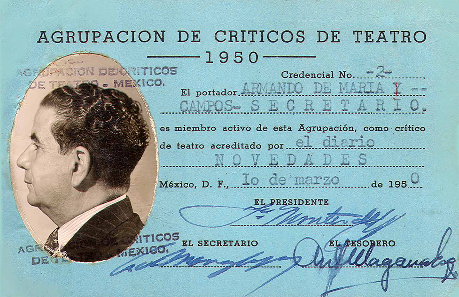 Credencial de Armando de Maria y Campos que lo acredita como Secretario de la Agrupación de Críticos de Teatro, marzo de 1950. (PMC).