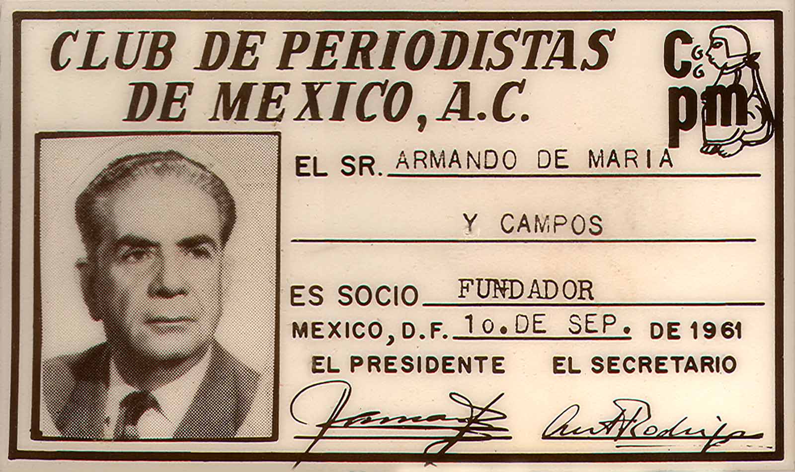 Credencial de Armando de Maria y Campos como socio fundador del Club de Periodistas de México, A.C., septiembre de 1961. (PMC).