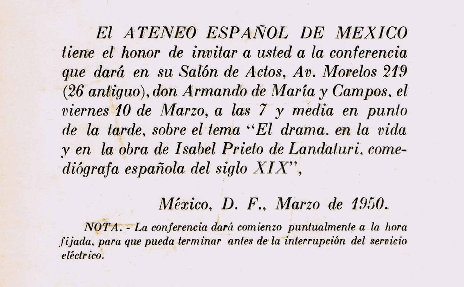 Invitación a la conferencia que impartirá don Armando de Maria y Campos en el Salón de Actos de El Ateneo Español de México el 10 de marzo de 1950. (FAMC).