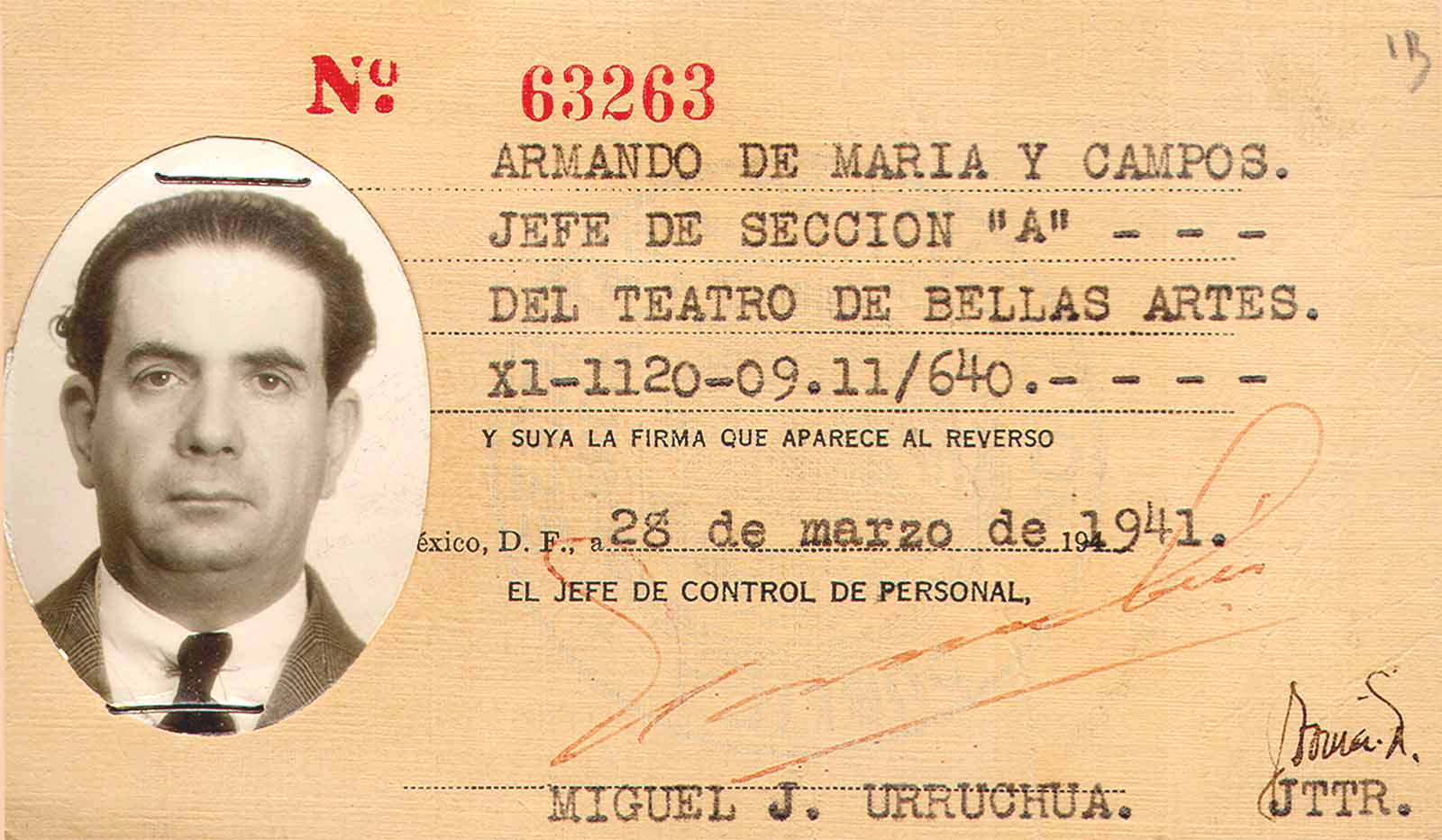 Acreditación de Armando de Maria y Campos como jefe de la Sección de Teatro de Bellas Artes. (PMC).