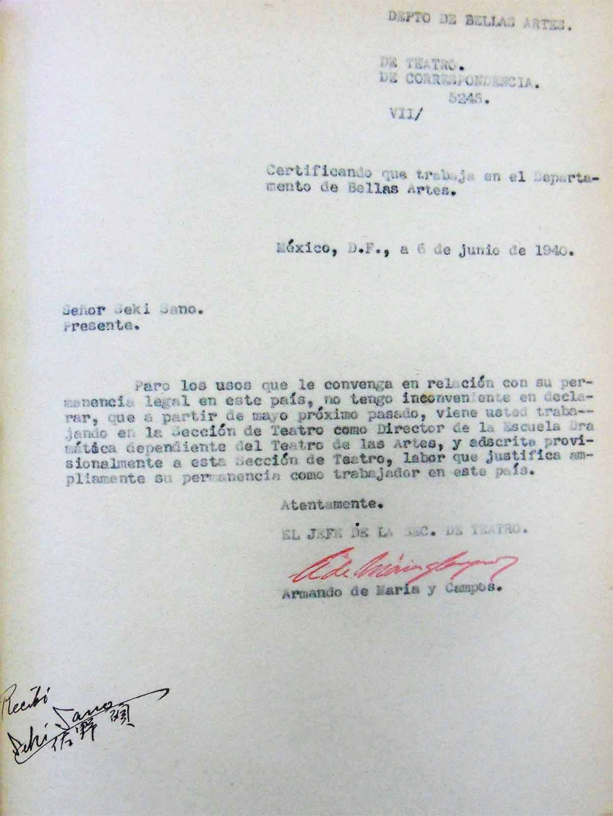 Certificado de trabajo de Seki Sano en el Departamento de Bellas Artes firmado por el titular Armando de Maria y Campos, 6 de junio de 1940. (FAMC).