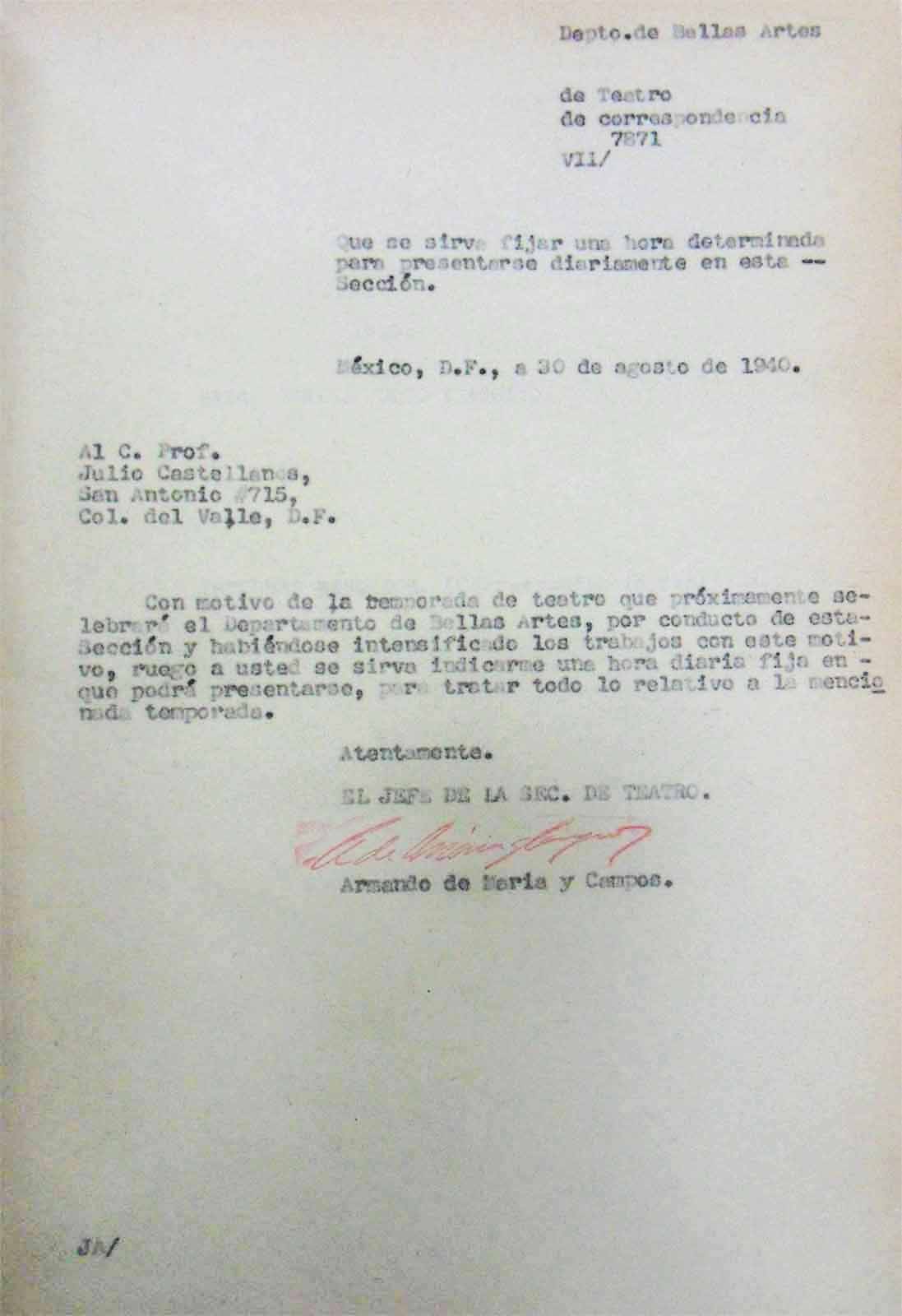 Oficio dirigido a Julio Castellanos para fijar el horario de las reuniones para la temporada de teatro. Firma Armando de Maria y Campos como jefe de la Sección de Teatro, 30 de agosto de 1940. (FAMC).