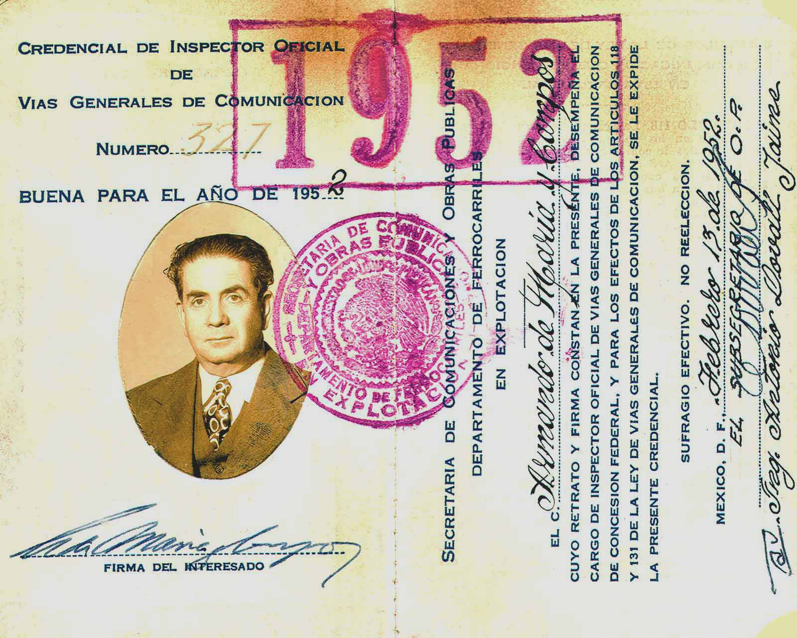 Acreditación de Armando de Maria y Campos como Inspector oficial de vías generales de comunicación, 13 de febrero de 1952. (PMC).