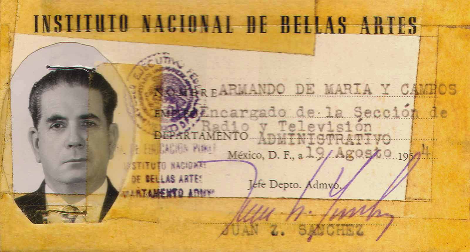 Acreditación de Armando de Maria y Campos como encargado de la Sección de Radio y Televisión del Instituto Nacional de Bellas Artes, 19 de agosto 1954. (PMC).