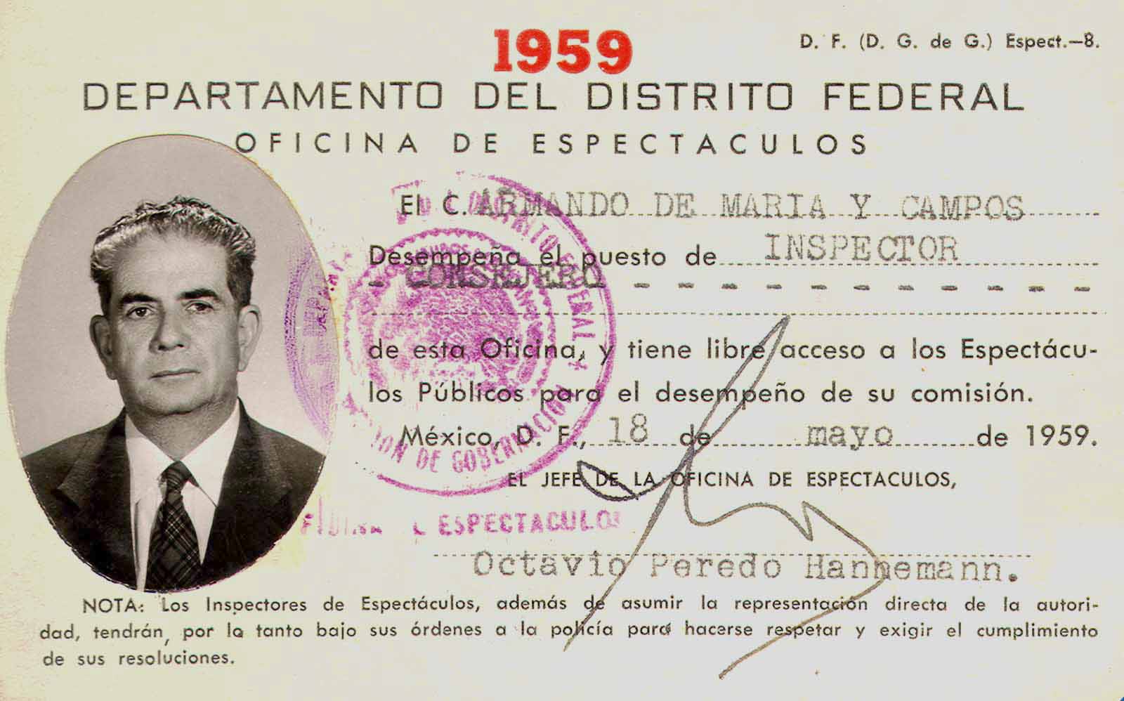 Acreditación de Armando de Maria y Campos como Inspector adscrito a la Oficina de Espectáculos del Departamento del Distrito Federal, 18 de mayo de 1959. (PMC).