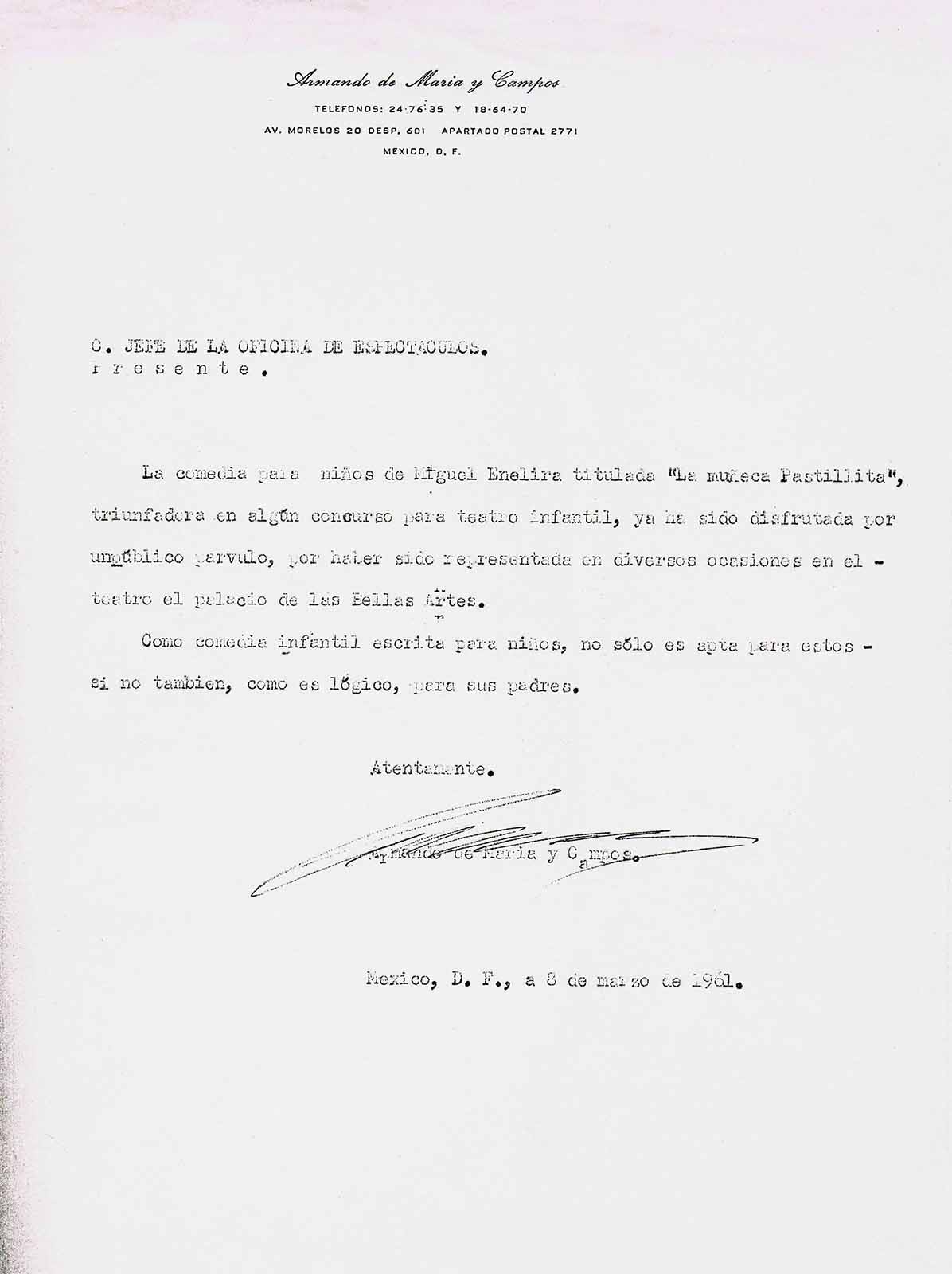 Dictamen firmado por Armando de Maria y Campos sobre La muñeca Pastillita, 8 de marzo de 1961. (FAMC).