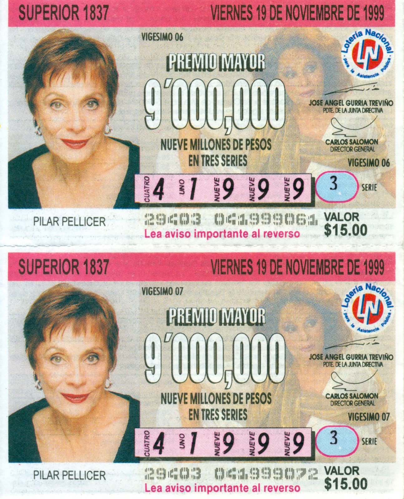 Pilar Pellicer en un boleto de la Lotería Nacional