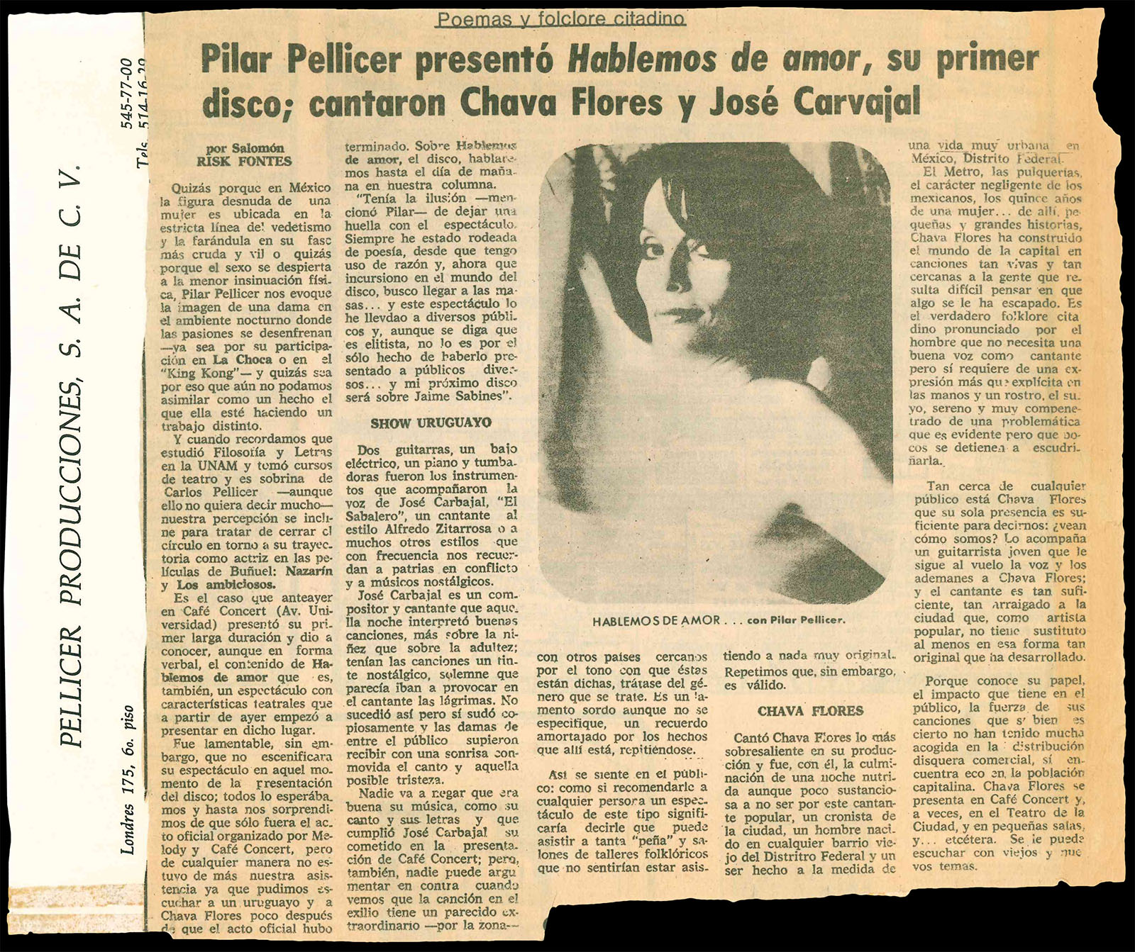 Salomón Risk Fontes, “Pilar Pellicer presentó Hablemos de amor, su primer disco; cantaron Chava Flores y José Carvajal”
